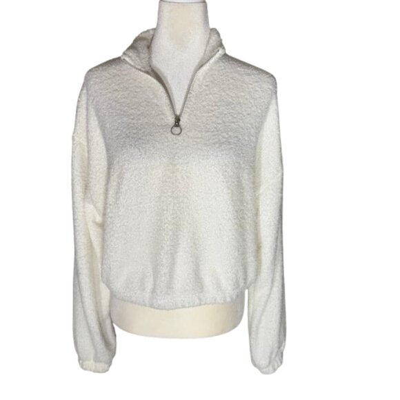Reebok Women's White Cozy Cover Up Pullover Quarter-Zip Fuzzy Sweatshirt Large - Picture 1 of 10